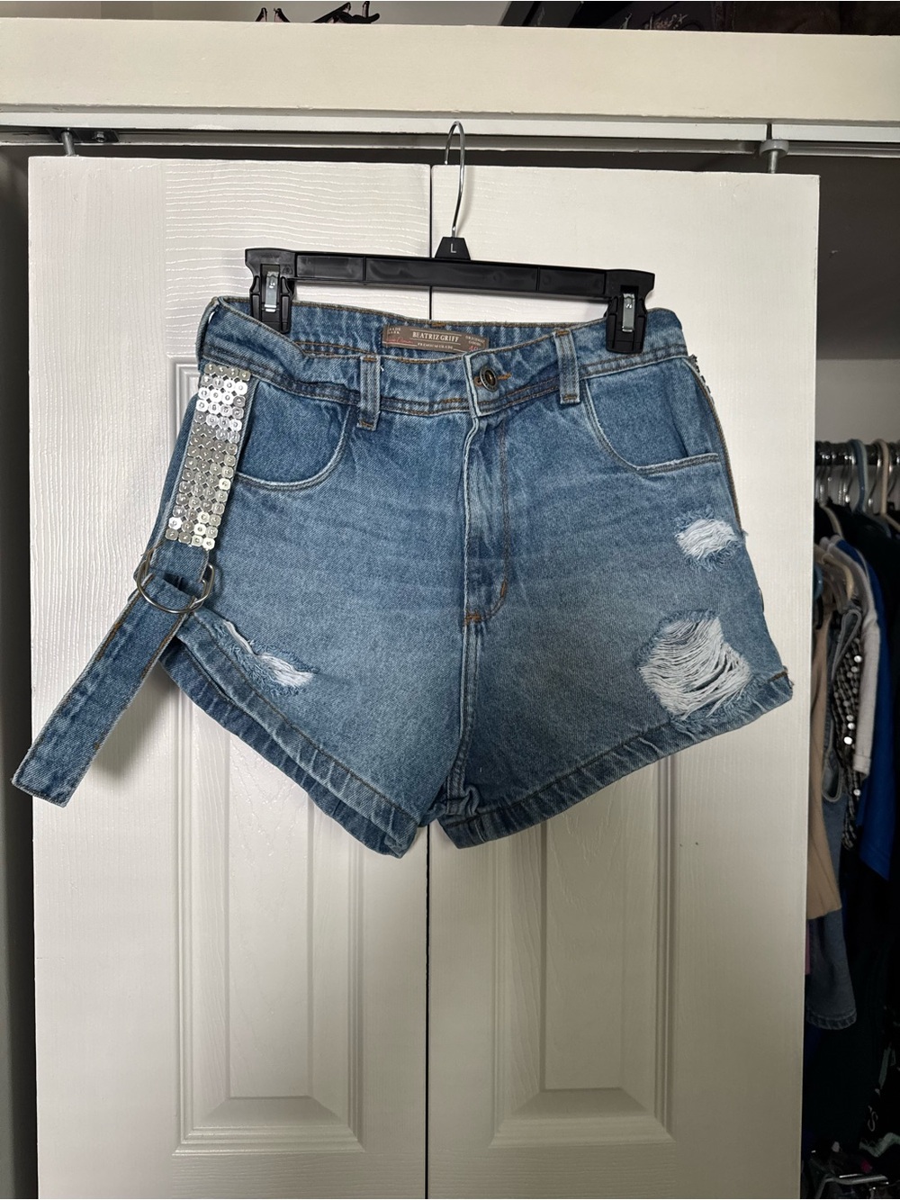 Denim Distressed High-Rise Shorts with Rhinestone Detail
